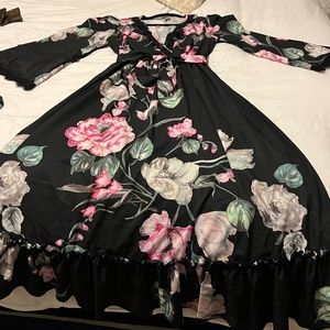 Black with Pink Floral print A-line maxi dress